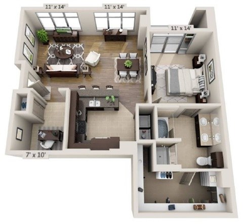 Floor plan for 1 bed, 1.5 baths, 1074 sqft